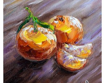 Tangerines Oil Painting Small Kitchen wall art, Fruit art, 8x8 inches