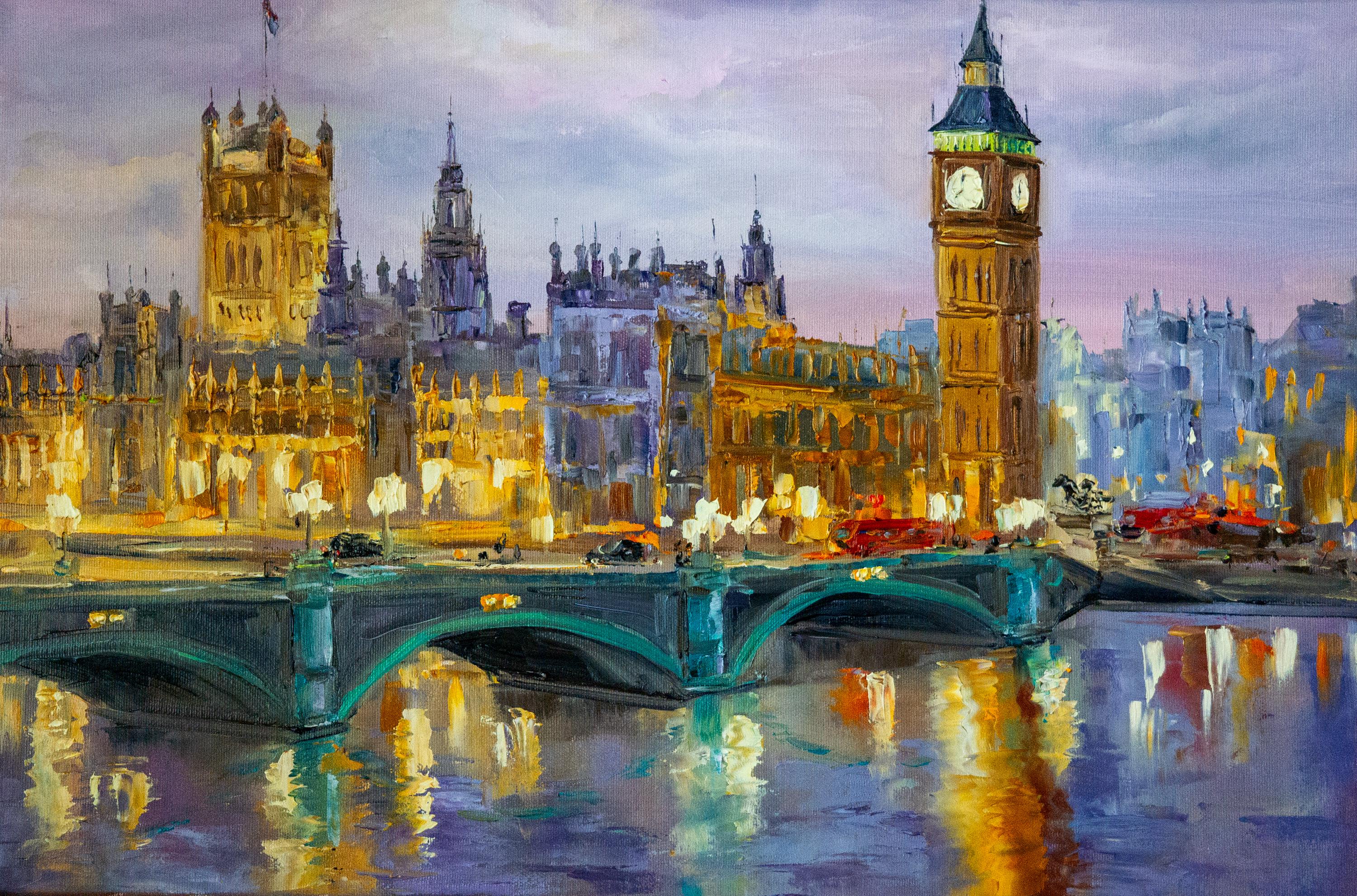Evening London, Big Ben, Original Oil Painting on Canvas by