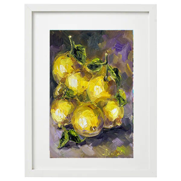 レモンの油絵：インパスト技法によるオリジナル静物画、8x12インチ