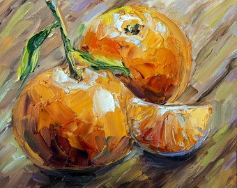 Peinture mandarines, oeuvre d'art originale, peinture de fruits de cuisine, petite peinture à l'huile 8 x 8 pouces, peinture impressionniste, cadeau pour lui