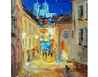 Night street in Porto Painting, Original impasto artwork by BoNatArt