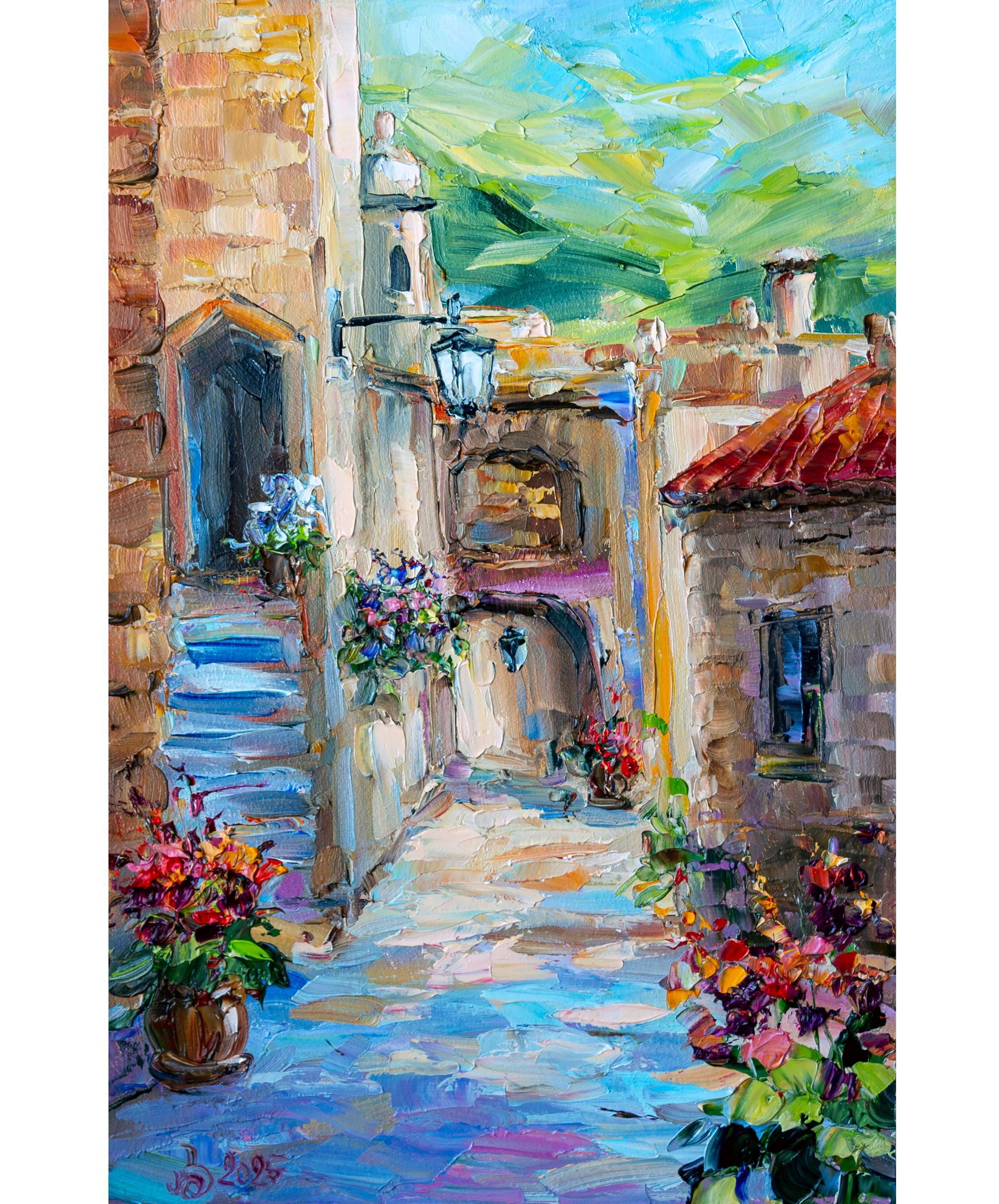イタリアの街並み サニーストリート オリジナル油絵 (30 x 20 cm