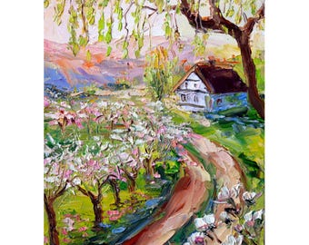 May include: An impressionistic oil painting of a spring landscape. A dirt path leads to a white house with a brown roof, surrounded by flowering trees. The sky is a mix of pink and yellow, with green foliage.