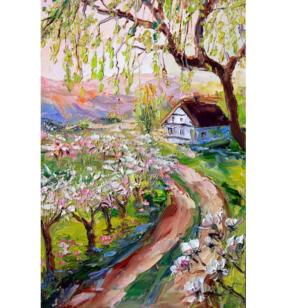春の田園風景 オリジナルアート インパスト 田園風景画。BoNatArt