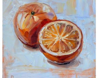 Pintura al óleo original de naranjas: pintura de frutas texturizadas (20 x 20 cm)