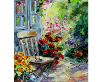 夏の花咲く庭の油絵オリジナルアート。BoNatArtによるテクスチャ加工