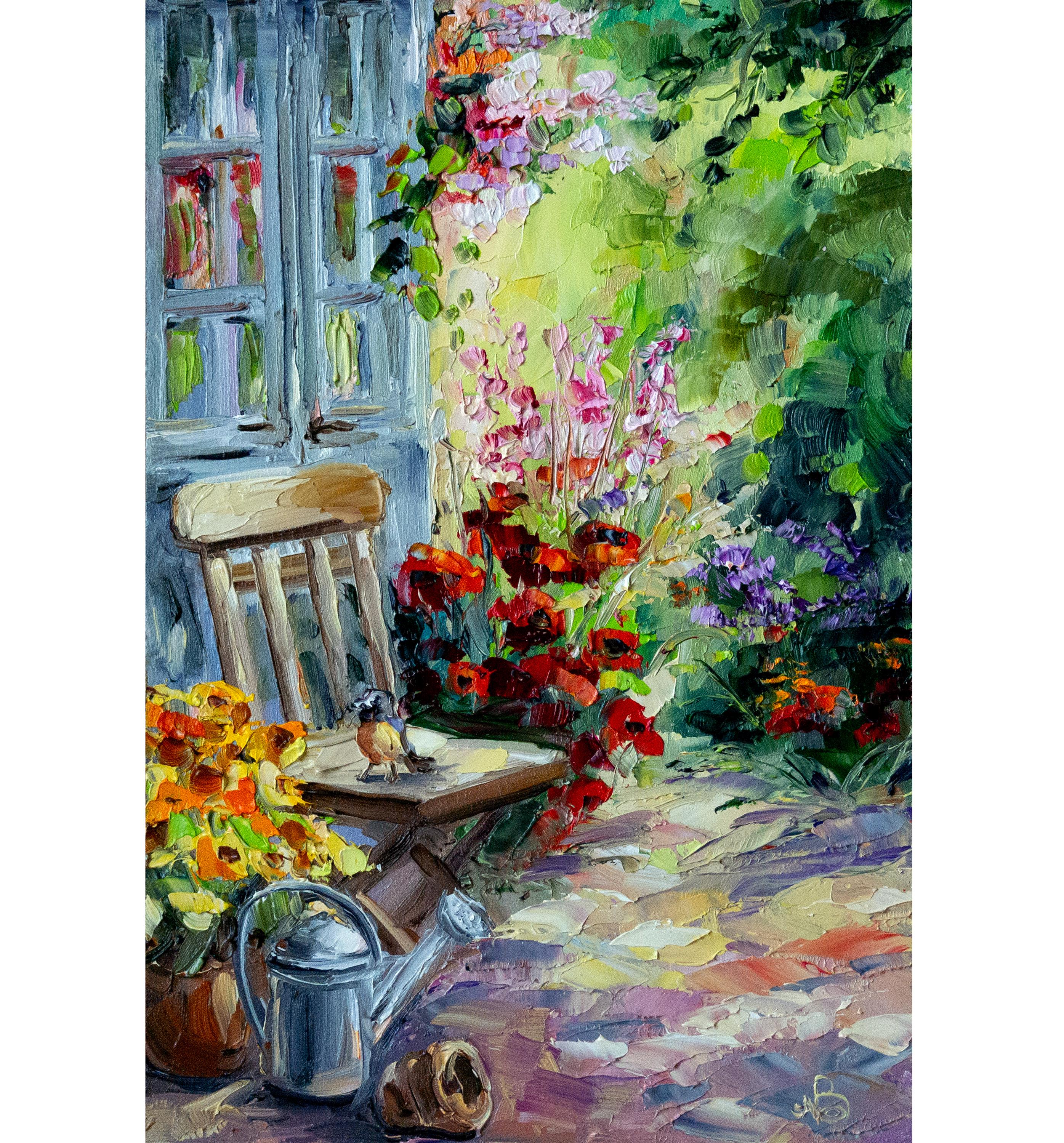 夏の花咲く庭の油絵オリジナルアート。BoNatArtによるテクスチャ加工