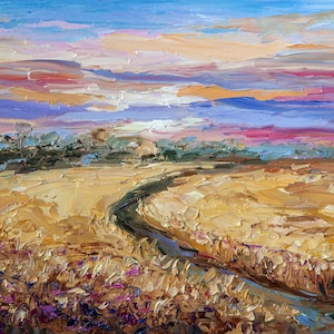 Wheat field at sunset Original Oil Art, Summer Nature Wall Art, Impasto small painting by Bondareva Nataliia