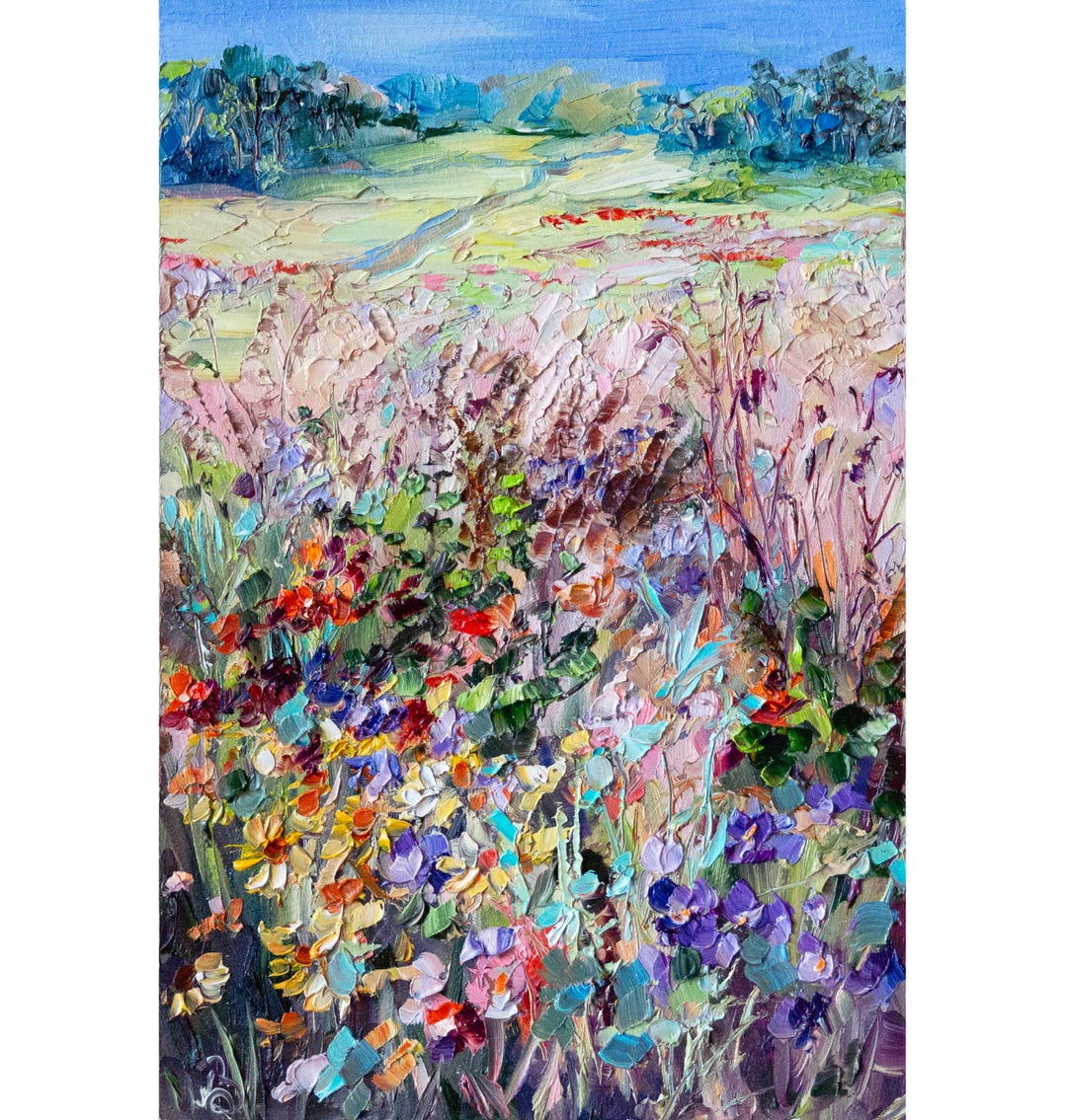 Colorful Floral Original Art, Field Wildflowers Impasto Oil Painting ...