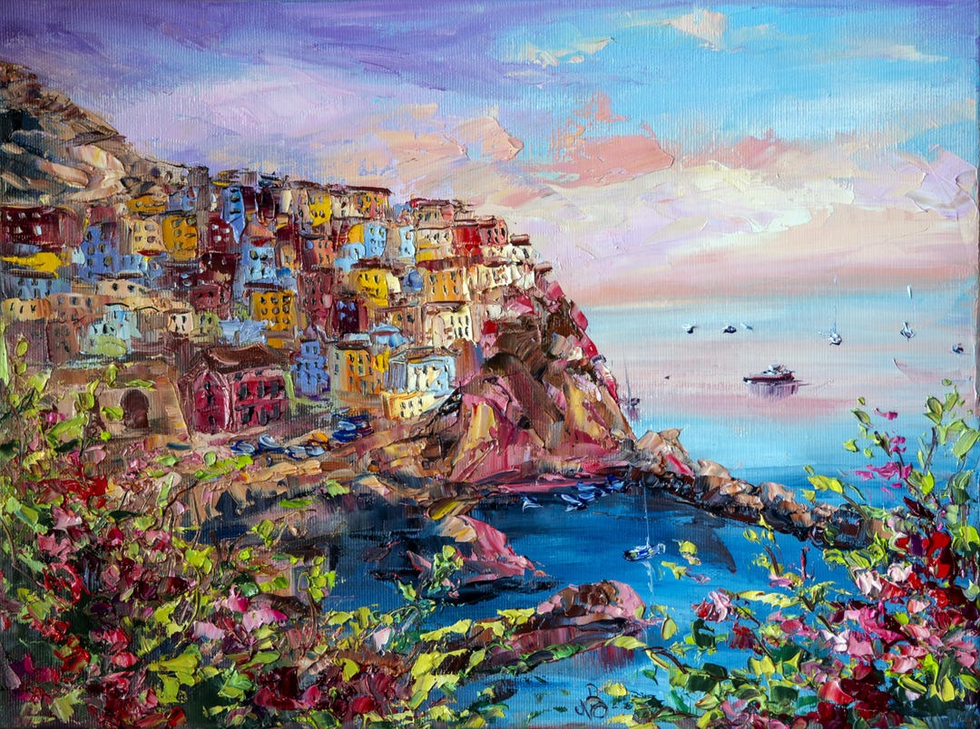 Manarola Painting on Canvas Original Art, Cinque Terre Cityscape ...