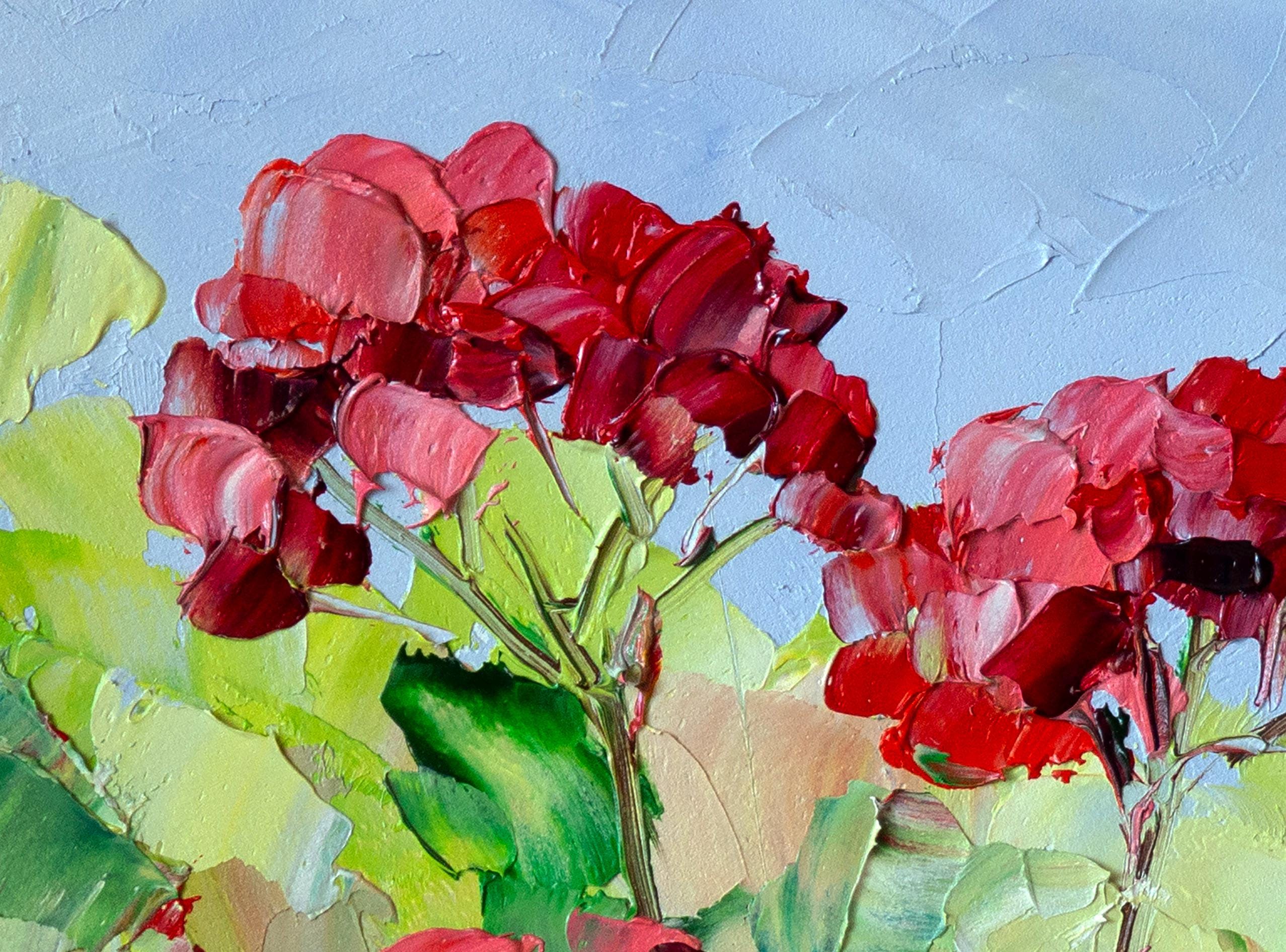 ゼラニウムの絵画、花、オリジナルアート、インパスト、油絵、小さな