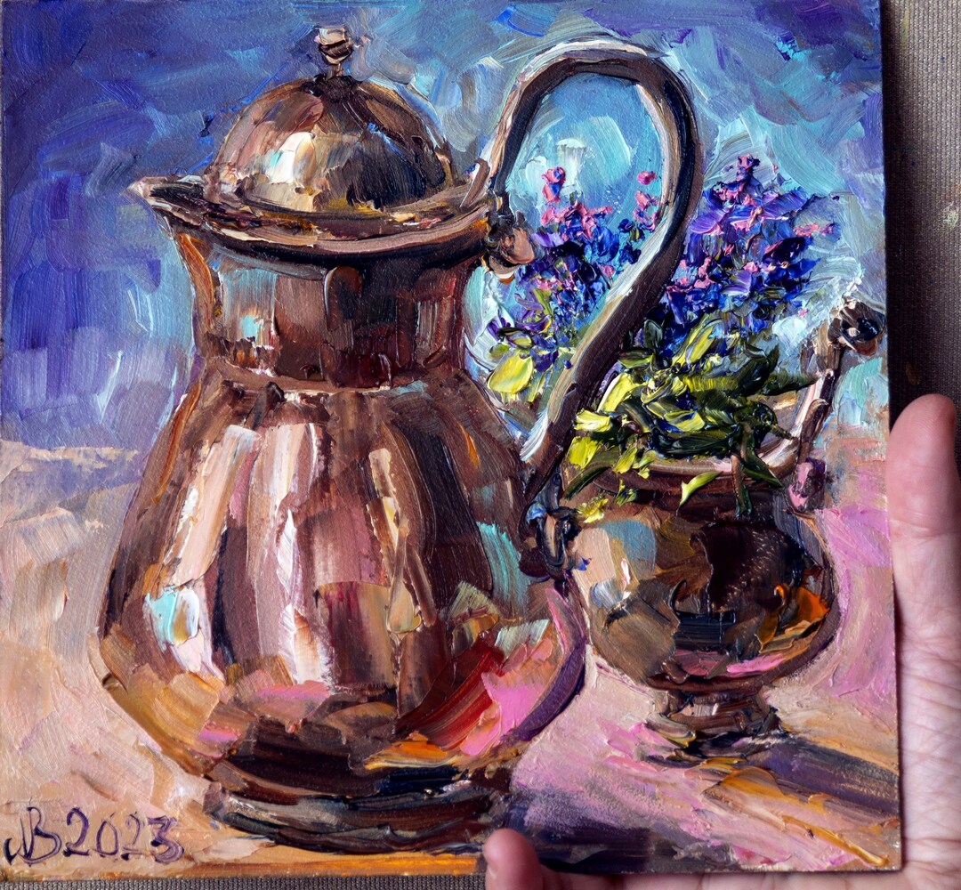 Vintage Teapot Painting, Original Art, Small Oil Painting 8x8, Kitchen