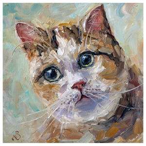 Portrait cute cat painting, Original art, impasto small oil painting, Gift for kids room decor, Gift for cat lovers