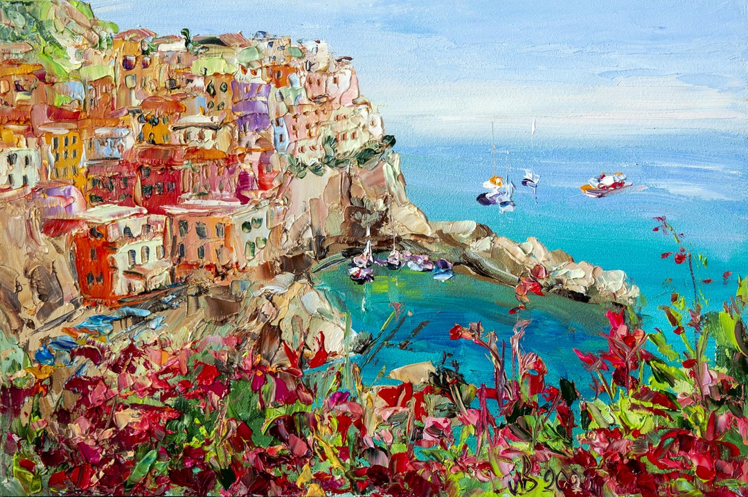 Manarola Painting Original Art, Cinque Terre Cityscape Impasto Oil ...