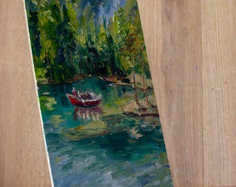 山の湖の絵画 スイスのオリジナルアート。印象派の絵画。BoNatArt