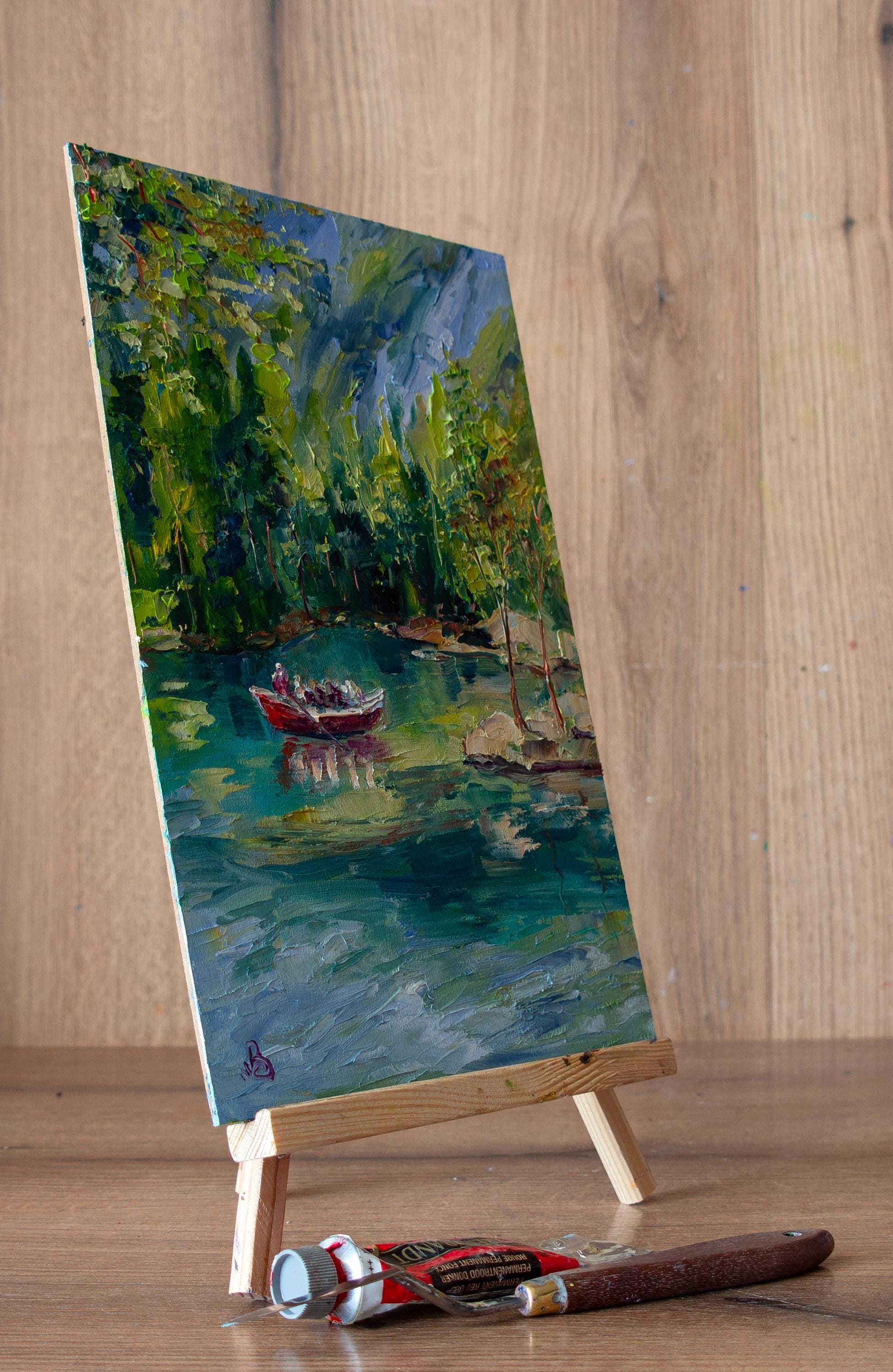 山の湖の絵画 スイスのオリジナルアート。印象派の絵画。BoNatArt