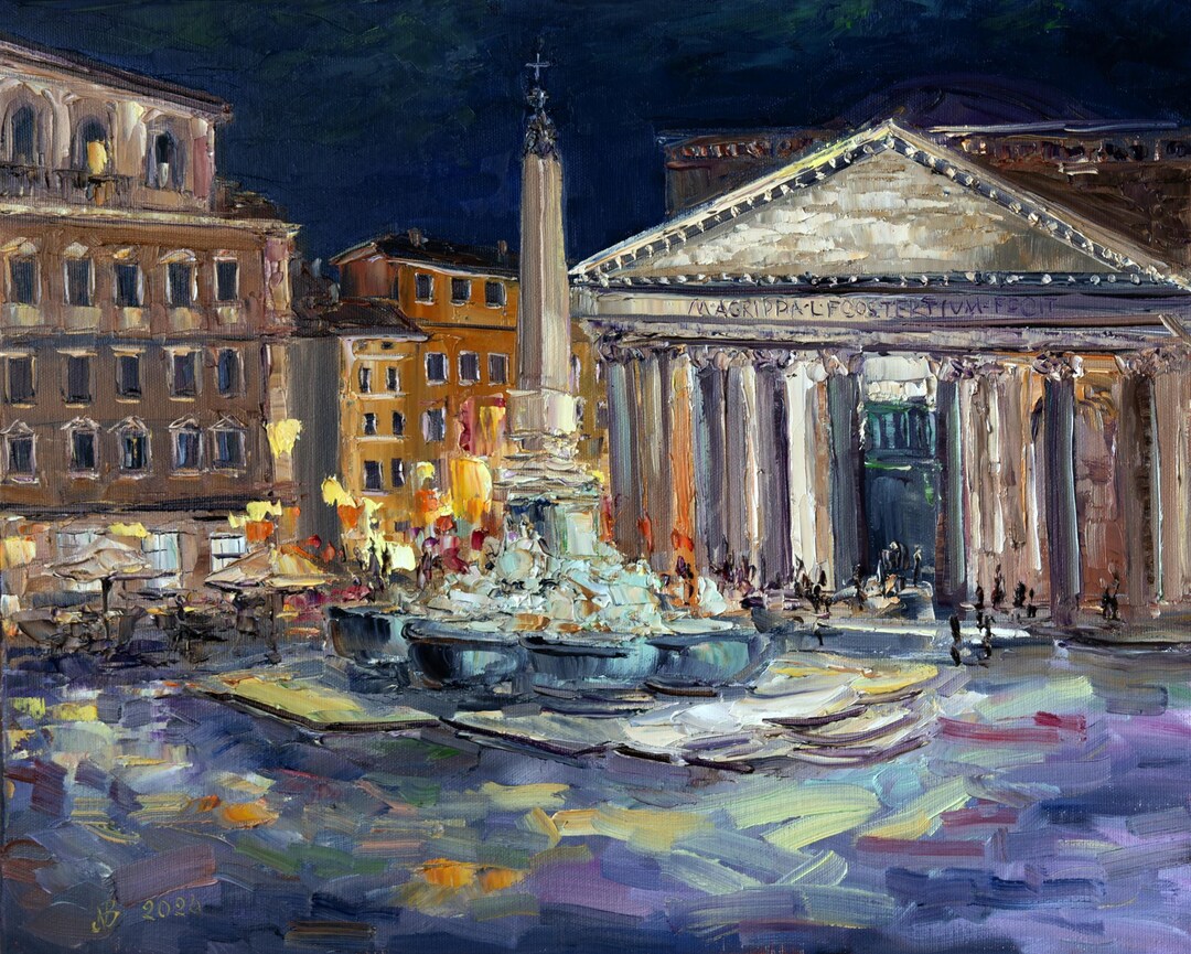 Night Rome Painting on Canvas, Original Art, Pantheon Wall Art, Artwork ...