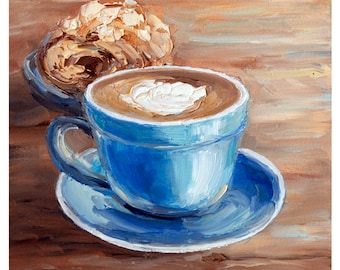 Cappuccino and Croissant Painting, still life 8x8, Impasto Artwork by Natalia Bondareva