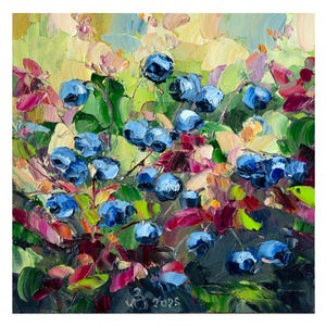 Blueberry Painting Fruit Original Art Impasto Oil Painting Fruit Small Art 8 х 8 Gift for her