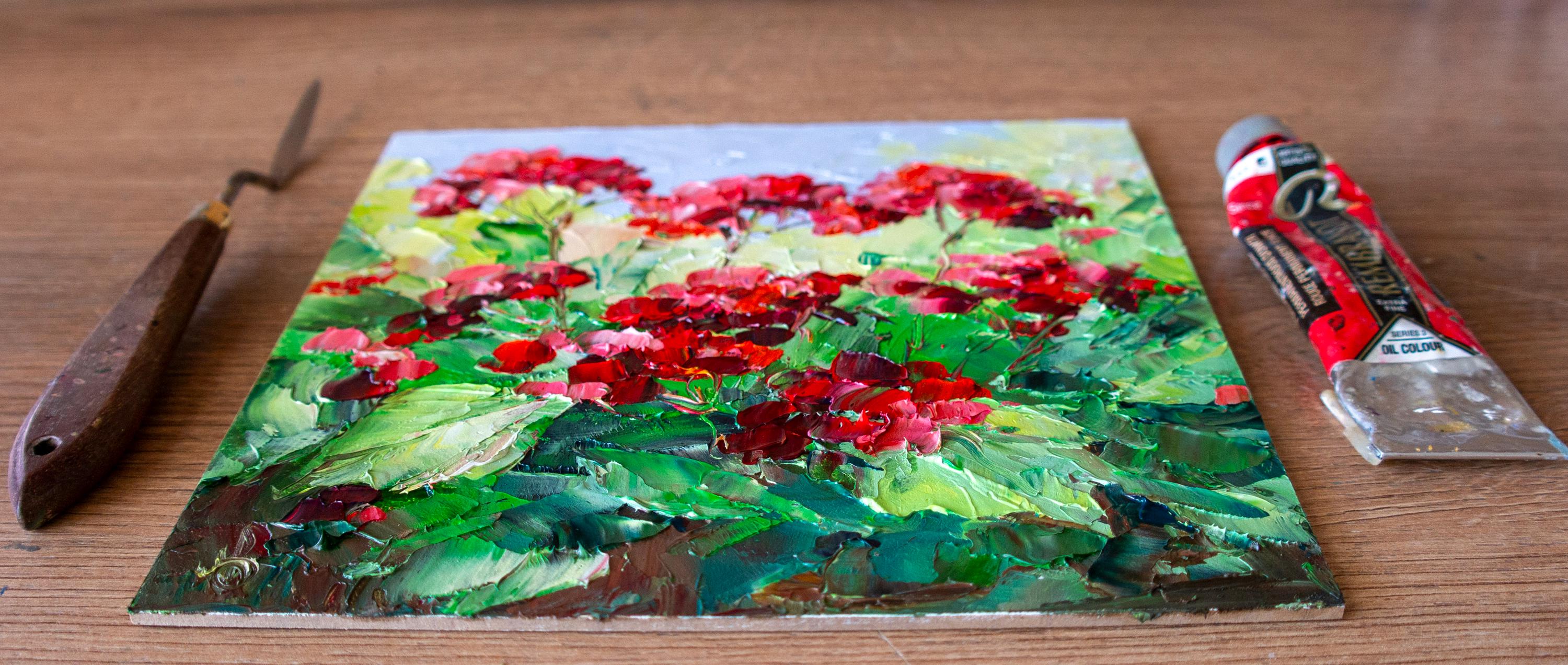 ゼラニウムの絵画、花、オリジナルアート、インパスト、油絵、小さな