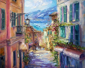 Bellagio Lake Como painting on canvas, Original art, Italy Landscape, Italy wall decor, Gift for him
