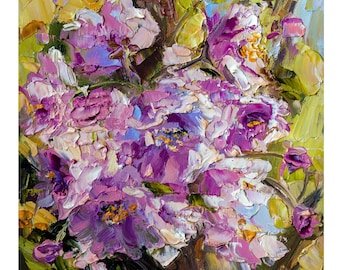 Sakura Oil painting :  impasto cherry blossoms, textured wall decor