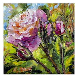 Pink roses painting Original Art Floral Impasto Oil Painting Small wall art 8x8 Artwork by Bondareva Nataliia