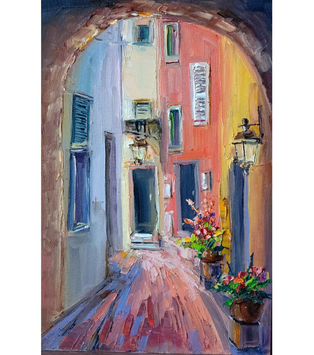 イタリアの都市景観を描いた油絵。ソーラー街灯。BoNatArtによる作品