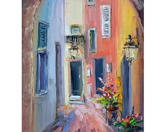 Dipinto a olio di paesaggio urbano italiano. Lampione solare. Opera di BoNatArt