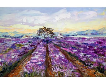 Sunset on a Lavender Field Oil painting Original art: Provence Impasto
