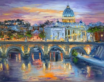 Evening Rome Oil Painting: St. Angelo Bridge, Vatican Impressionist Art Artwork by Bondareva Nataliia