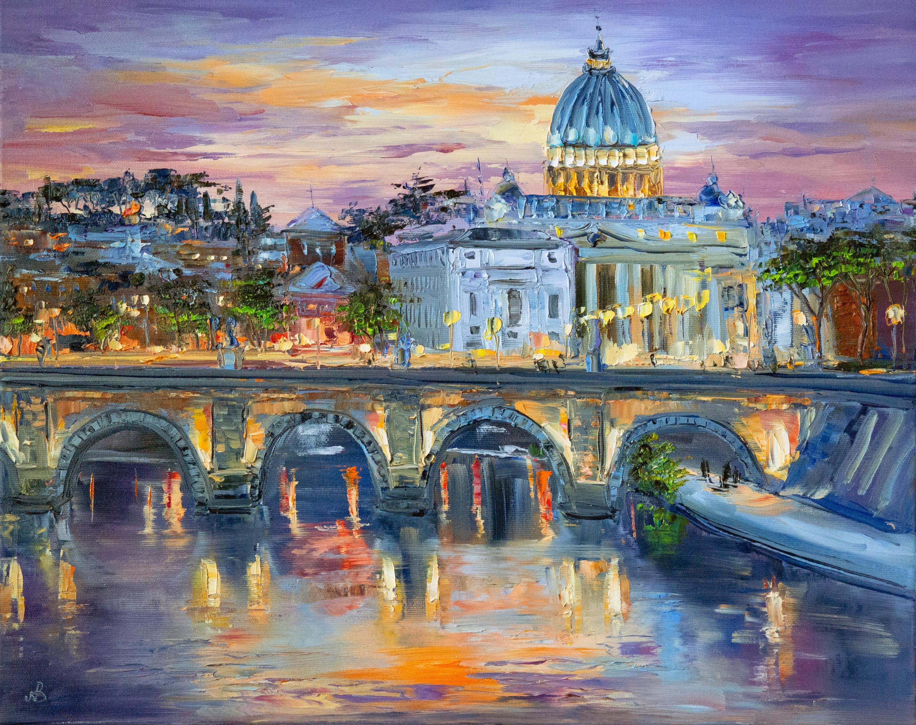 ローマの夕べの油絵：サンタンジェロ橋、バチカン印象派の芸術作品