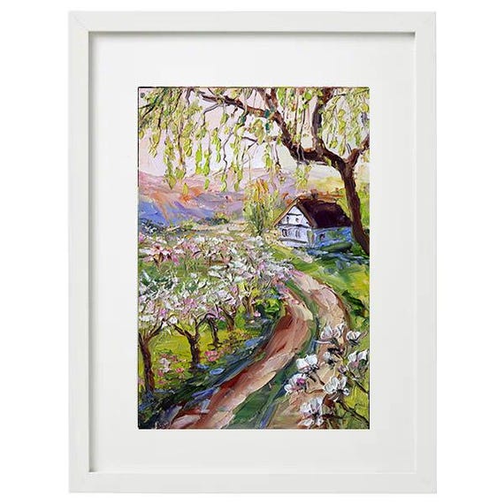春の田園風景 オリジナルアート インパスト 田園風景画。BoNatArt 