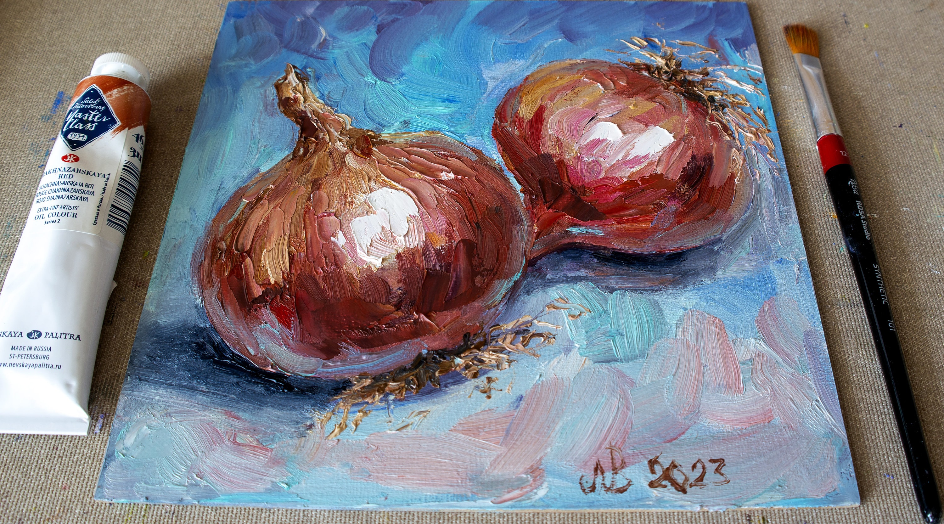 オリジナル玉ねぎ油絵：小さなキッチン静物画（8x8インチ