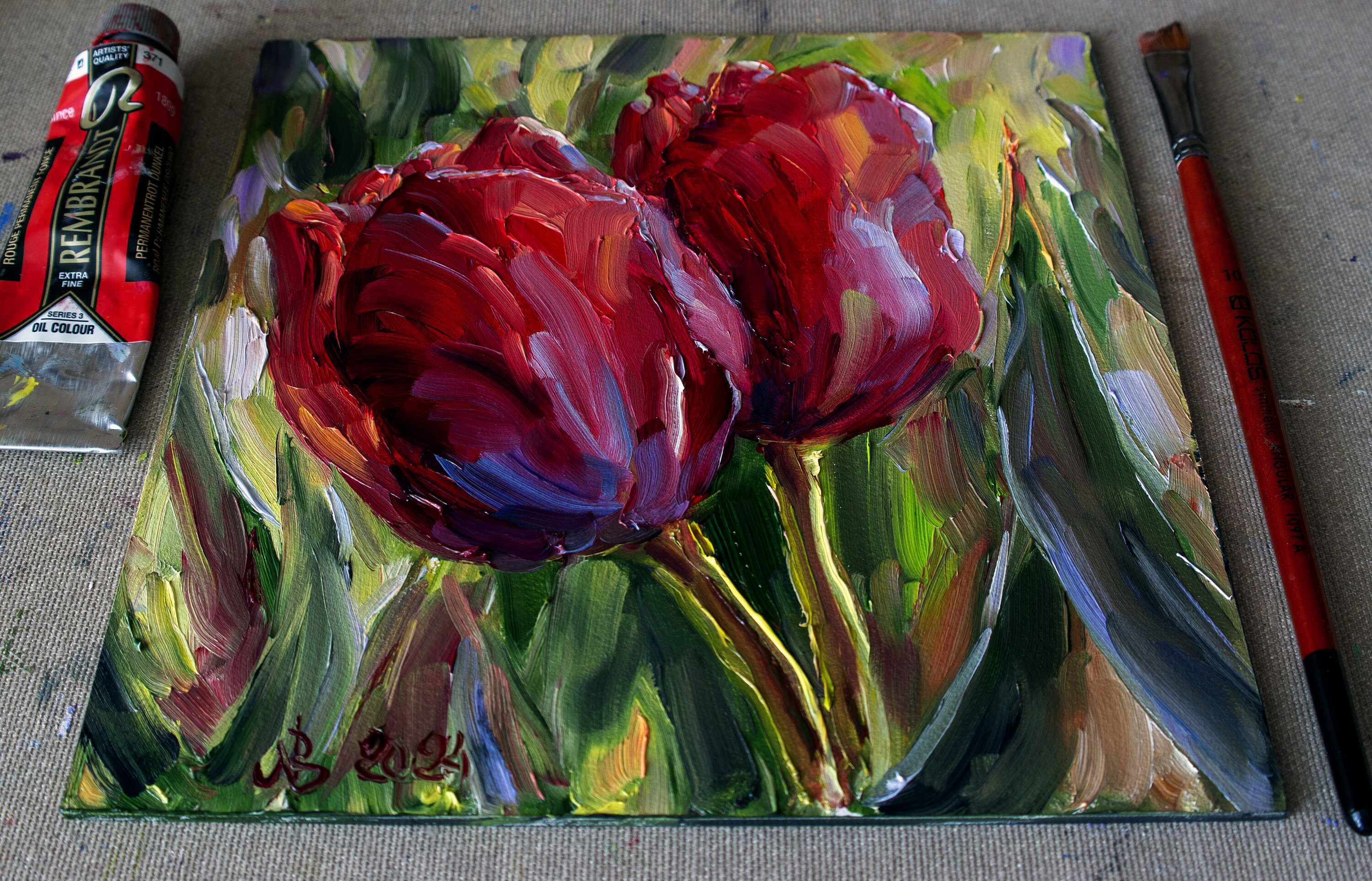 油絵 赤いチューリップ TULIP」油絵 約530×530 | C.N arts