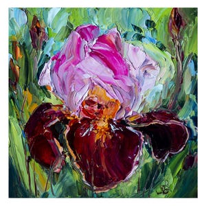 Iris painting, Original art, Flower Wall Art, Small painting impasto 8x8&quot;, Textured wall art, Van Gogh style, Gift for mom