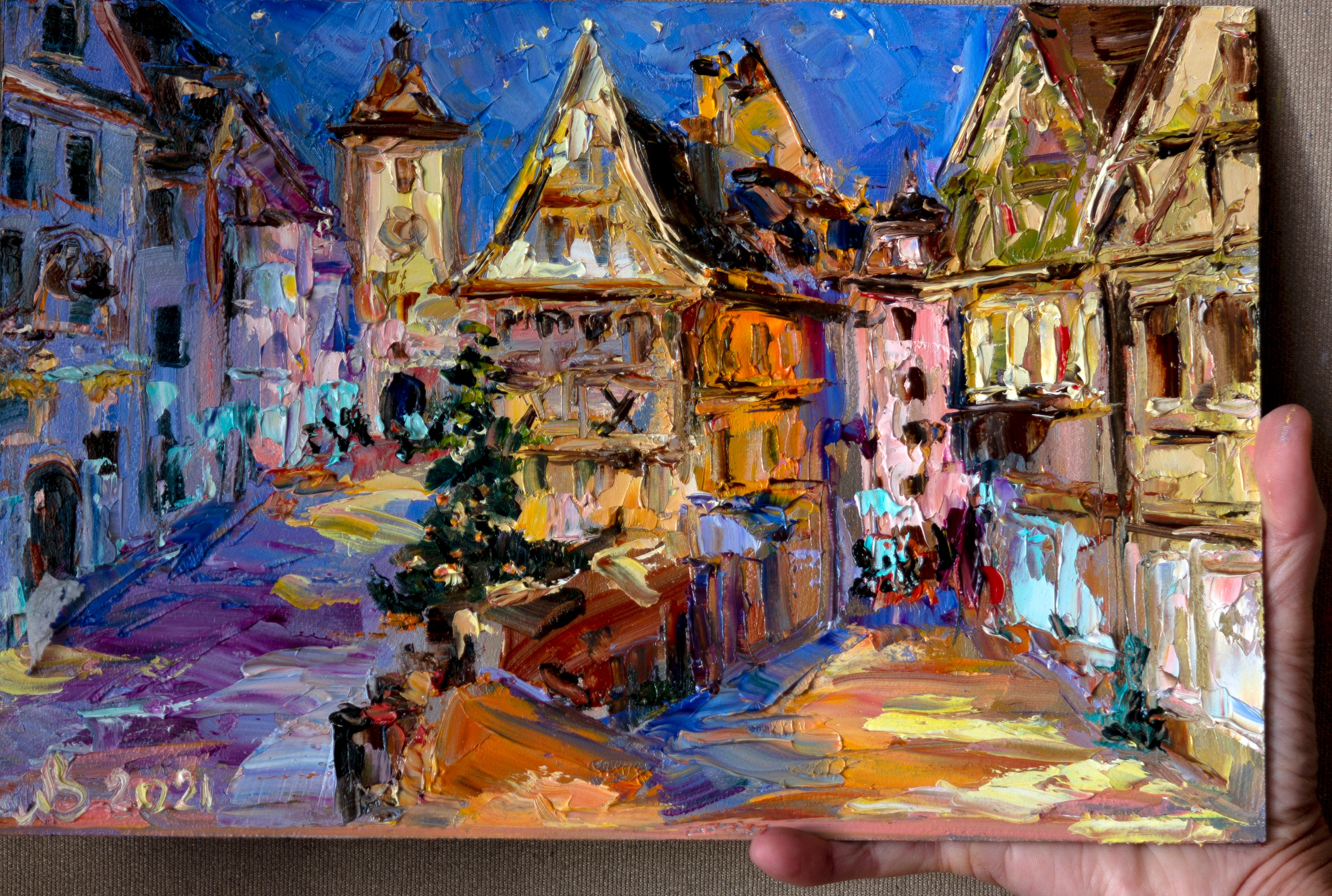 Impressionist painting Night city Rothenburg painting oil Original Art VAN GOGH style Artwork by Bondareva Nataliia