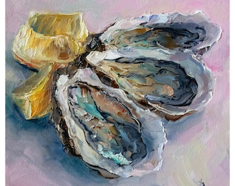 Oysters with Lemon oil painting Original art, Seafood Impasto painting food, Kitchen wall decor