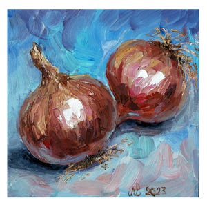Onions Painting Original art, Vegetable oil painting, Small Kitchen Wall Art, Artwork by Bondareva Nataliia