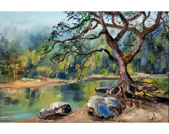 Mountain Lake Oil Painting, Original Art, Wall Art by BoNatArt
