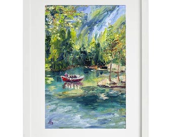 スイスの山と湖の油彩画　印象派　一点物 山の湖の絵画 スイスのオリジナルアート。印象派の絵画。BoNatArt