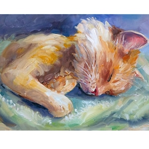 Ginger Tabby Cat Oil Painting: Abstract Modern Art, Kids Room Decor