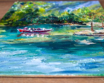 山の湖の絵画 スイスのオリジナルアート。印象派の絵画。BoNatArt