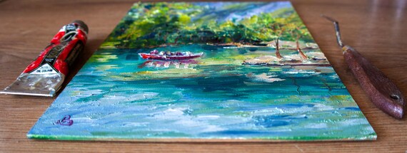 山の湖の絵画 スイスのオリジナルアート。印象派の絵画。BoNatArt