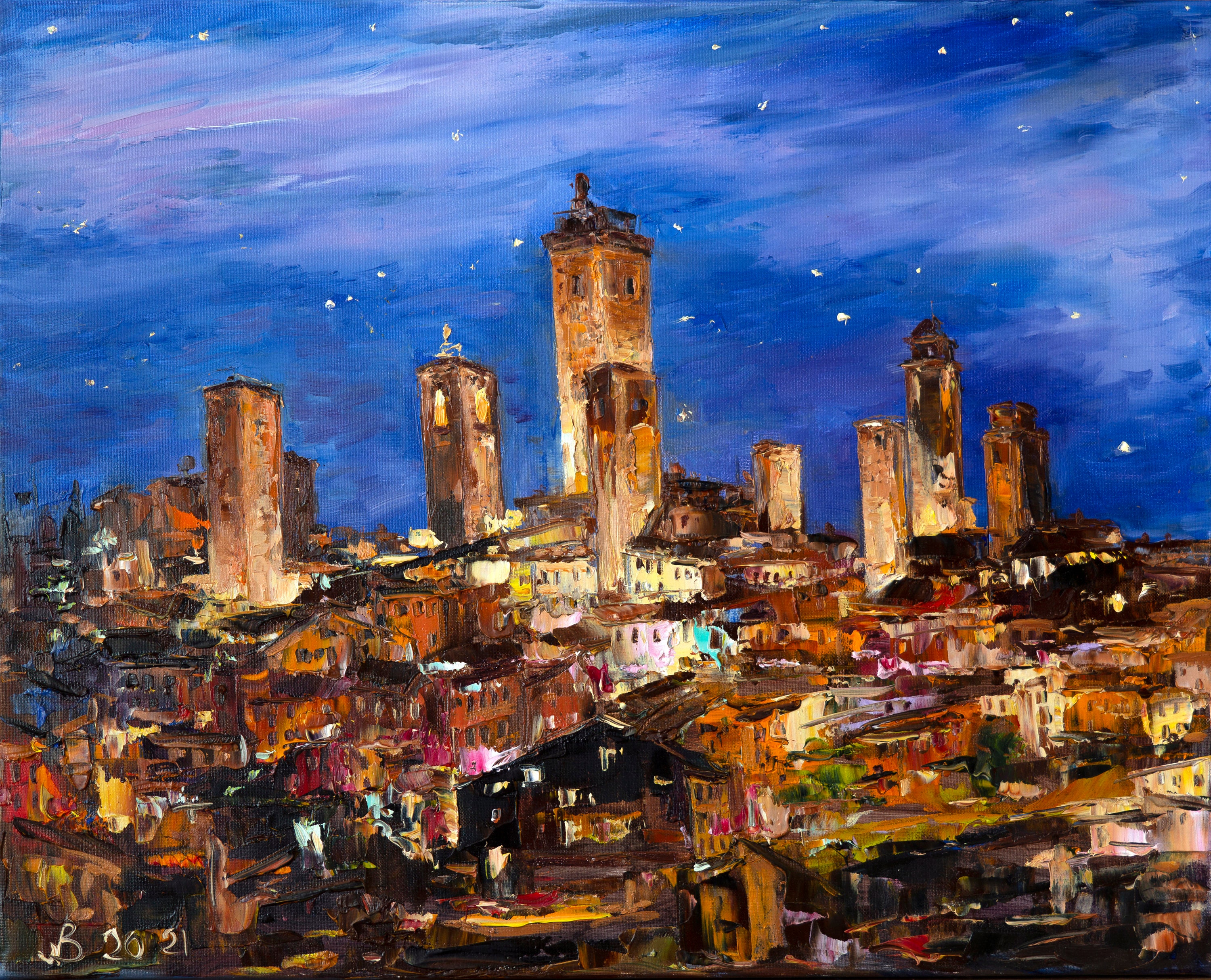 Night San Gimignano Paintings on Canvas Original Art Tuscany Etsy UK