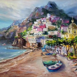 Positano painting on canvas, Original art, Amalfi coast painting, Italy wall art, Seascape painting, Gift for him