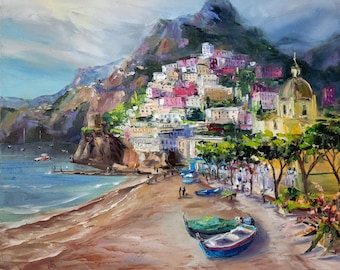 ポジターノの絵画：アマルフィ海岸のオリジナル油絵、イタリア
