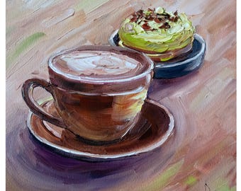 Cappuccino and Cake original oil painting Still Life 8x8 Impasto art by BoNatArt