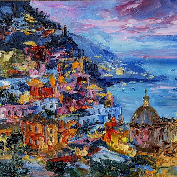 Peinture de nuit Positano Art original, peinture de la côte amalfitaine, empâtement peinture à l'huile paysage Italie, peinture côtière italienne, cadeau pour lui