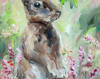 ウサギの油絵、抽象的な動物の肖像画、子供部屋の装飾 - Etsy 日本